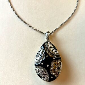 Brighton  Flora Mid Century black enamel with silver plate reversible necklace